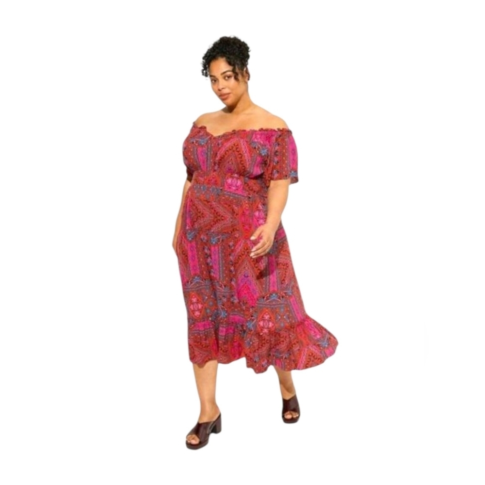 TORRID 2X tea length boho challis off shoulder peasent dress  NWT
